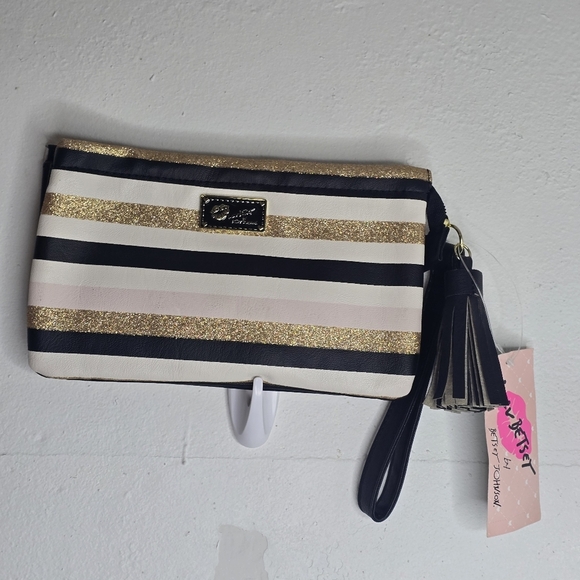Luv Betsy By Betsy Johnson Wristlet Wallet Clutch Black White Tan Gold Sparkle - Picture 1 of 4
